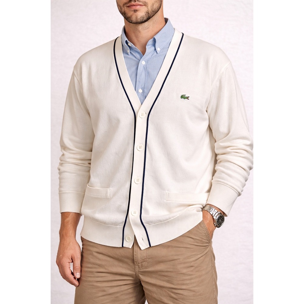 Lacoste Mens 100% Cotton V-Neck Cardigan Sweater Cream White Navy Trim Size 6 L